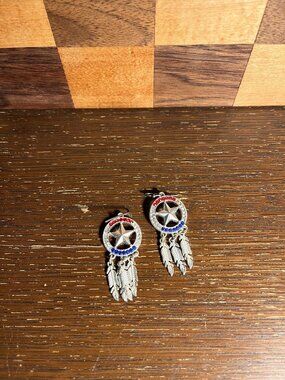 5 Point Silver Toned Red White Blue Star Western Earrings